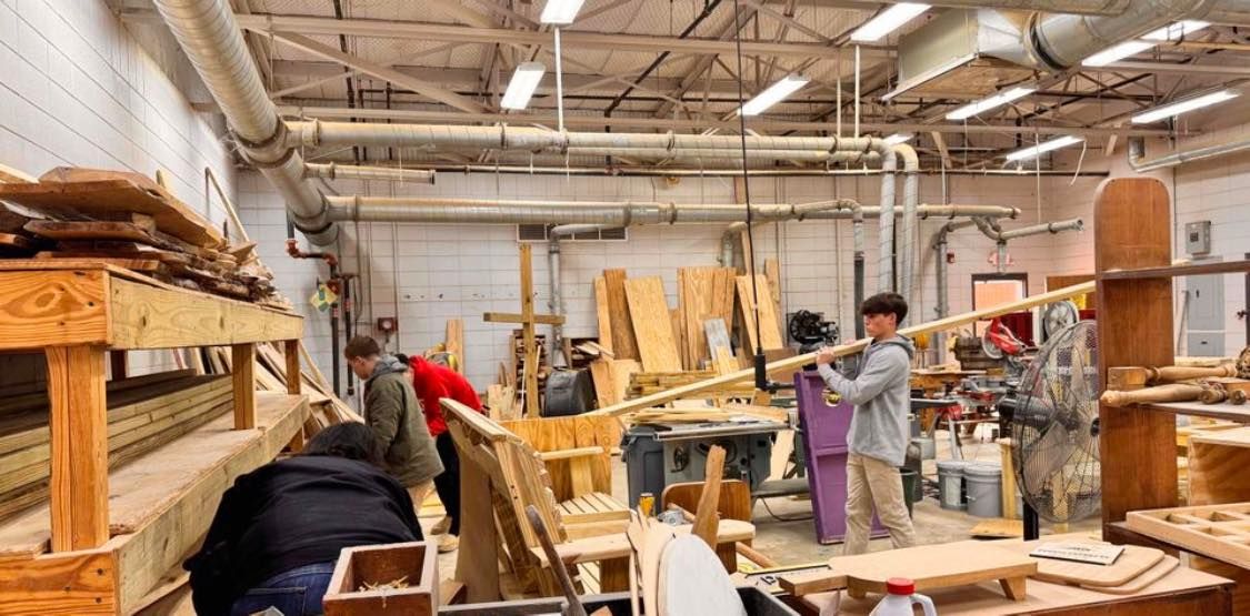 A school carpentry shop in use